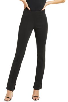 Front of women wearing the Good American Scuba Flare Pants Fitted Straight Pants With Pull-on Style, Elegant Mid-rise Stretch Dress Pants, Elegant Stretch Mid-rise Dress Pants, Elastane Pull-on Pants, Stretch Elastane Trousers, Pull-on Elastane Pants, Elegant Stretch Straight Pants, Elegant Stretch Pants, Elegant Stretch Trousers