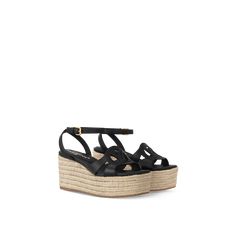 LOUIS VUITTON® - Lv Isola Wedge Sandal - Black Black Wedge Sandals, Louis Vuitton Official, Chunky Platform, Shoe Closet, Wedge Sandal, Wedge Heels, Wedge Sandals, Calf Leather, Ankle Strap