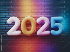 Happy New Year, Colorful 2025 Numbers on a Brick Wall, with a Colorful Glow Stock Illustration | Adobe Stock A Brick Wall