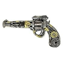 a silver and gold revolver with gears on it