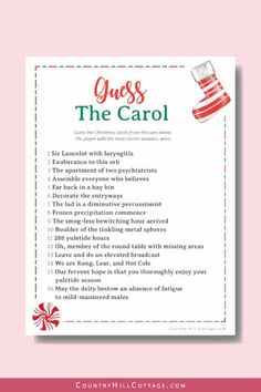 a christmas poem with the words guess the carol in red, white and green on it