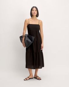 The Gauze Tiered Dress Black – Everlane Cotton Gauze Fabric, Black Maxi, Tiered Dress, Effortless Style, Dress Black, Jumpsuit Dress, Dress Length, New Dress, Colorful Dresses