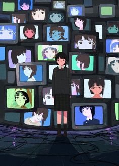 a person standing in front of televisions with faces on them