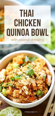 thai chicken quinoa bowl with peanut dressing