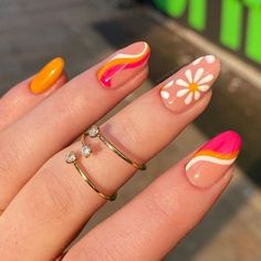 Spring Nail Art Inspiration, Fun Spring Nails Almond, Hawaiian Themed Nails, Nail Designs Bright Colors, Beach Nails Almond, 70’s Nails, Funky Almond Nails, 70s Inspired Nails, Bright Color Nails