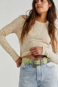 Luxe suede belt featuring a western inspired metal belt buckle featuring ornate detailing. | Black Rock Western Belt by Free People in Green, Size: M/L Western Waist Belt, Western Belts Outfit, Southwestern Style Brown Concho Belt, Chunky Western Belt, Black Western Belt, Handmade Brown Western Belt, 2.5” Western Belt For Women, Cowboy Belt, Suede Belt