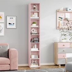 a living room with a pink bookcase in the corner and a grey rug on the floor