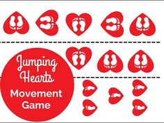 the steps to jumping hearts movement game is shown in red and white, with footprints on it