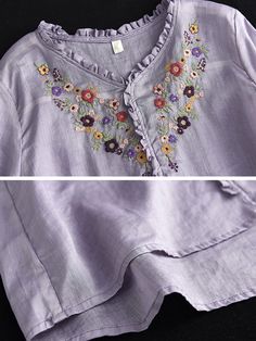 Material: 100% Ramie Collar: O neck Pattern: Floral Highlight: Embroidered Season: Spring, Summer Women Loose Shirt, Loose Shirts, Pattern Floral, Neck Pattern, Season Spring, Casual Women, Spring Summer, Collar, Purple