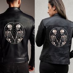 Skeleton Couple Embroidery Leather Jacket, Customized Skeleton Leather Jacket, Personalized Leather Jacket Outerwear, Unique Leather Jackets, Personalized Leather Jacket, Wedding Leather Jacket for the Bride, Bridal Leather Jacket, Black Leather Jacket, Black Bridal Wedding Jacket, Black Bride Leather Jacket, Bachelorette Party Leather Jacket, Leather Jacket for Bride, Custom Bride Jacket, Bridal Cover Up Expandable sleeves with Zipper Functional Pockets **Style is designed to be a fitted jacket. If you are in between sizes or would like a looser fit, we recommend sizing up. Bridal Leather Jackets are such a hit these days! If you're looking for the perfect fall or winter wedding jacket, our custom bridal leather jackets are great! With fully customizable embroidered options such as thread Fitted Edgy Leather Jacket For Halloween, Fitted Black Biker Jacket For Halloween, Fitted Black Leather Jacket For Halloween, Fitted Biker Leather Jacket For Halloween, Fitted Outerwear With Skull Print And Long Sleeves, Halloween Biker Style Jacket, Biker Style Long Sleeve Leather Jacket For Halloween, Fitted Leather Jacket For Halloween Streetwear, Fitted Biker Jacket For Halloween