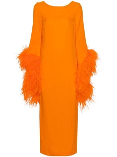 orange cady texture dart detailing feather-trim detailing keyhole detail to the rear round neck rear button fastening concealed rear zip fastening three-quarter length sleeves rear slit straight hem mid-length unlined Feather Cocktail Dress, Taller Marmo, Purple Midi Dress, Keyhole Dress, Feather Trim, Ostrich Feather, Dress Orange, Silk Midi Dress, Feather Dress