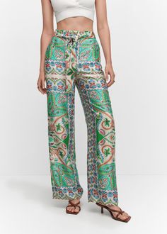 Satin printed pants - Woman | MANGO USA Satin Pants, Printed Trousers, Tailored Blazer, Top Crop, Pantalon Large, Maxi Gowns, Palazzo Pants, Printed Pants, Chic Design