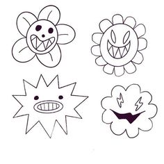 four different types of flowers with faces drawn on them, one is black and the other has