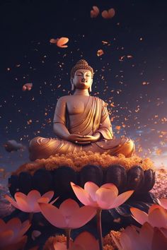 a buddha statue sitting on top of a pile of flowers