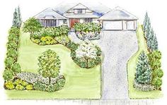 this is an artist's rendering of the front yard and driveway area for a house