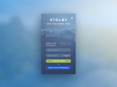 a mobile phone screen with an image of mountains and trees in the background that says stollby