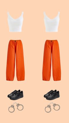 two pairs of orange pants, white crop top and black shoes are arranged in front of each other