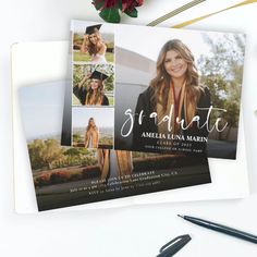 the graduation announcement card is displayed on top of a desk with pens and flowers in front of it