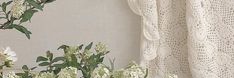 white flowers are in vases next to a curtain with lace on the window sill