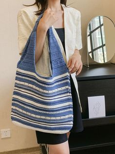 BagForLove - Striped Knit Single Shoulder Bag: Stylish and Trendy Design+ Crochet Tote Bag, Woven Tote Bag, Crochet Tote, Tote Pattern, Tote Bag Pattern, Crochet Bag Pattern, Canvas Shoulder Bag, Shoulder Tote Bag, Bird In Bag