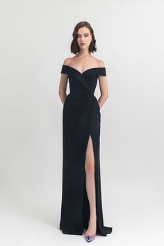 Her Trove -Side slit crepe off shoulder gown Gemy Maalouf, Marchesa Couture, Dress With Draping, Gown Rental, Off Shoulder Gown, Midi Dress Style, Unique Prom Dresses, Cut Dress, Long Black Dress