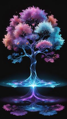 a colorful tree with its reflection in the water on a black background, it looks like an abstract painting