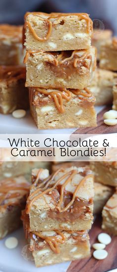 white chocolate and caramel blondies are stacked on top of each other with almonds