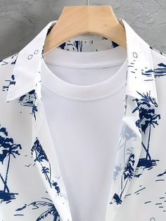 White Printed Sets For Beach Season, Summer Fitted Button-up Sets, Summer Beach Sets With Graphic Print, Summer Beach Sets With Button-up Detail, White Graphic Print Vacation Sets, White Graphic Print Sets For Vacation, Sleeve Detail, Two Piece Sets, Casual Tops