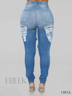 Ebeek - Blue Distressed High Waist Skinny Jeans with Ripped Holes, Slash Pockets, and High Rise Design - Womens Premium Denim Pants and Clothing High Rise Summer Bottoms With Holes, Summer Denim Jeans With Holes, High Rise Denim Blue Bottoms With Holes, High Rise Medium Wash Bottoms With Holes, Spring Denim Blue Bottoms With Holes, Spring Denim Bottoms With Holes, Spring Medium Wash Bottoms With Holes, Blue Bottoms With Holes For Spring, Non-stretch Ripped Blue Jeans