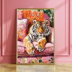 a painting of a tiger sitting on a pink chair in front of a pink wall