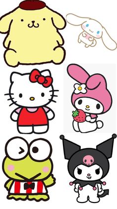 hello kitty and other cartoon characters are shown in this image, with the same color scheme