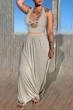 Grey Sexy Casual Solid Hollowed Out Backless Halter Sleeveless Two Pieces Grey Two Piece, Crop Top Skirt Set, Top Skirt Set, Crop Top Skirt, White Sleeveless, Casual Sets, Womens Loungewear, Up Girl, Two Piece Dress