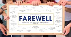 three people holding up a sign that says farewell