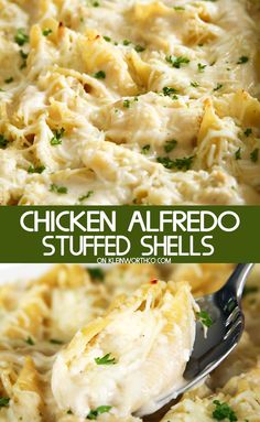 chicken alfredo stuffed shells in a white casserole dish with a serving spoon full of it