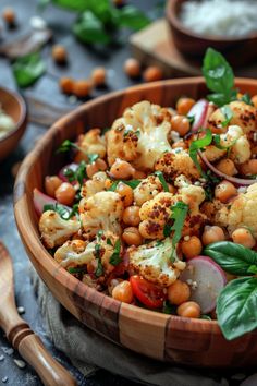 a wooden bowl filled with cauliflower, chickpeas and onions on top of a table