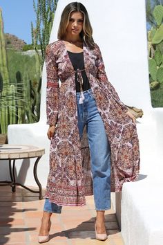 Angie Boho paisley mod print kimono with front tassel tie. Flared long sleeve. Great beach cover, garden party, wedding. So pretty!Sizes: S-M-LBust 34-36-38, Length 50 Color: Lilac100% Rayon, hand wash cold, drip dry, imported G2/BJ800-A840 Classy Boho Fashion, Plus Size Boho Clothing, Boho Duster, Cold Drip, Mod Print, Boho Paisley, Kimono Duster, Boho Fashion Bohemian, Flare Long Sleeve