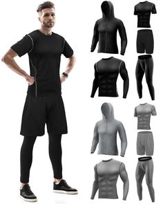 PRICES MAY VARY. 5 In 1 Set: our men's compression athletic has 2 sets in total (black, gray), each set includes compression leggings, long sleeve, short sleeve, running shorts, compression hoodie jacket for men; The set avoids the trouble of matching Elastic and Comfortable Fabric: men's gym clothing set is made of 92% polyester and 8% spandex, breathable, slim fit, tight fitting, showing your muscles and nice figure; Quick drying, instantly absorbing sweat, keep you cool and dry during exercis Compression Clothing, Gym Outfit Men, Mens Compression, Gym Clothing, Total Black, Running Fitness, Gym Clothes, Workout Sets, Compression Shirt