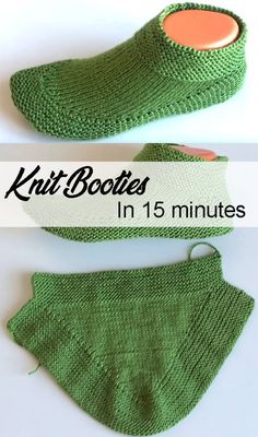 knit booties in 15 minutes with text overlay that reads, knit booties in 15 minutes