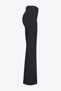 Elegant high-waisted women's trousers in stretch crepe fabric. The leg is characterised by a close-fitting line down to the knee, which widens as it proceeds to the bottom, with French pockets at the hips and a central pleat at both front and back. Zip and covered hook fastening. Tailored Elastane Pantsuit, Stretch Wide Leg Pants For Formal Occasions, Sleek Tailored Wide Leg Pants With Pressed Crease, Sleek Wide Leg Business Bottoms, Evening Wide Leg Pants With Pressed Crease, Modern Wide Leg Pants For Evening, Minimal Stretch Full Length Pants For Workwear, Formal Stretch Wide Leg Dress Pants, Modern Tailored Wide Leg Pants With Pressed Crease