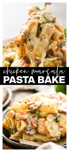 chicken marsala pasta bake on a plate with a fork in it and the title overlay reads chicken marsala pasta