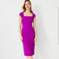 Brand New, Never Worn. Fit Is A Little Small And Can’t Return It. Cut With A Flattering Square Neckline, Our Cap Sleeve Sheath Is The Ultimate Way To Dress The Part. Square Neck. Cap Sleeves.. Hidden Back Zipper With Hook-And-Eye Closure. Back Vent. Lined. Fit Hits Below The Knee Length 28' From Natural Waist Fabric & Care Shell: 95% Polyester, 5% Spandex: Lining 100% Polyester Machine Washable Imported Hit Hits Below The Knee Purple Fitted Dress With Straight Neckline, Elegant Stretch Purple Midi Dress, Elegant Purple Stretch Midi Dress, Elegant Purple Dress With Straight Neckline, Navy Blue Floral Dress, Taylor Purple, Linen Sundress, Silk Cocktail Dress, Ribbed Sweater Dress