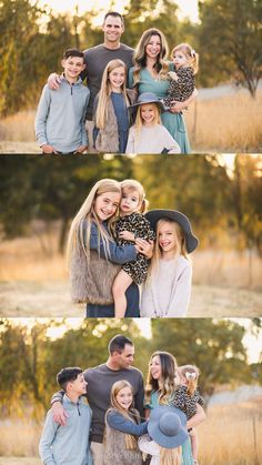 the family is posing together for a photo in their field at sunset, and they are all hugging each other