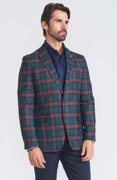 A classic plaid print brings refined style to this sport coat that's cut from a wool blend for a sophisticated look and feel. Two-button closure Notched lapels Four-button cuffs Front flap pockets; chest welt pocket Lined 52% wool, 46% polyester, 2% spandex Dry clean Imported Sophisticated Look, Blue Fits, Refined Style, Plaid Print, Sport Coat, Flap Pocket, Welt Pocket, Online Purchase, Nordstrom Rack