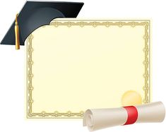 a graduation cap, diploma and scroll on top of a white paper with gold border