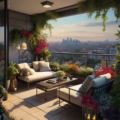 a balcony with couches, tables and flowers on it