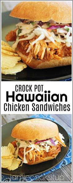 two pictures with the words crock pot hawaiian chicken sandwiches on top and in bottom