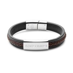 This Custom Coordinate Men's Black with Brown Braided Leather ID Bracelet makes the perfect Father's Day  birthday  or groomsmen gift.  At 8 1/4 inches long  the black leather band features a durable stainless steel identification plate that can be engraved on the outside. The stainless steel ID plate can then be engraved with the coordinates of your choosing.  Created to your specifications  he's sure to enjoy wearing this modern accessory every day.  Having this accessory personalized for him Mens Bracelet Personalized, Stainless Steel Bracelet Men, Lord's Prayer, Prayer Bracelet, Modern Accessories, Groomsmen Gift, Id Bracelets, Bracelet Online, African Beads