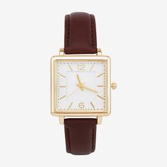 The American Exchange ladies analog watch featuring a square shiny gold-tone metal case, this timepiece offers a chic contrast against the rich brown PU leather strap. The precise quartz movement ensures accurate timekeeping, while the buckle closure provides a secure and adjustable fit. Perfect for adding a touch of elegance to both casual and formal outfits, this watch is a versatile accessory for any wardrobe.Number of Batteries: 1Features: Analog, Quick ShipBattery Type: Silver OxideJewelry Rectangular Brown Watches With Subdials, Brown Rectangular Watches With Subdials, Brown Watch With Diamond Hour Markers, Rectangular, Brown Rectangular Analog Watch, Brown Analog Rectangular Watch, Gold Square Analog Watch, Gold Square Analog Watches, Brown Rectangular Dial Watch For Work, Brown Rectangular Dial Watches For Work