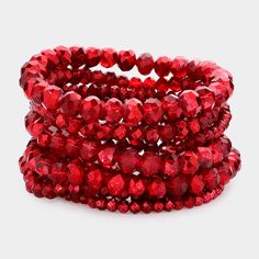 Size : 2" H Stretchable Red Bead, Beaded Stretch Bracelet, Multi Strand, Faceted Bead, Bracelet Sizes, Stretch Bracelets, Statement Jewelry, Hair Jewelry, Bracelet Set