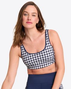 Draper James Sport, our activewear collection combining high-performance fabrics and signature Draper James prints, is back! The Sports Bra in Navy Gingham is made from a stretchy Nylon/Spandex blend that'll stay vibrant wash after wash (a must for workout wear). Designed for low-impact workouts, it's equal parts suppo Maxi Outfits, Navy Gingham, How To Dress A Bed, Dress Party Night, Casual Date Night, Draper James, Low Impact Workout, Mini Dress Casual, Skirts For Sale